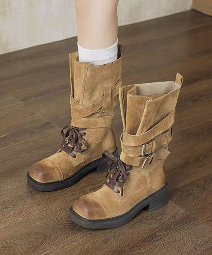 Coffee Suede Lace Up Splicing Chunky Boots