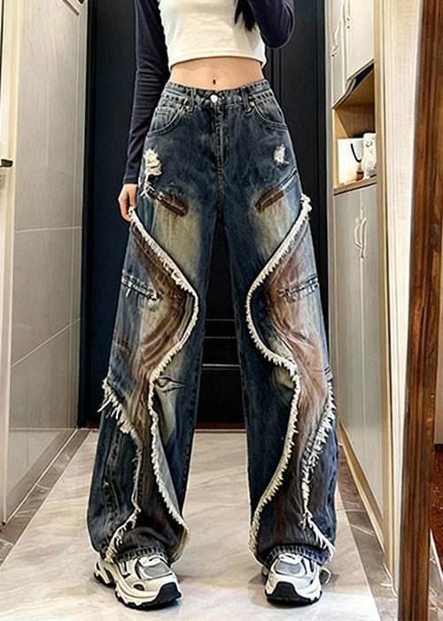 Blue Tasseled Pockets Patchwork Denim Wide Leg Pants Spring