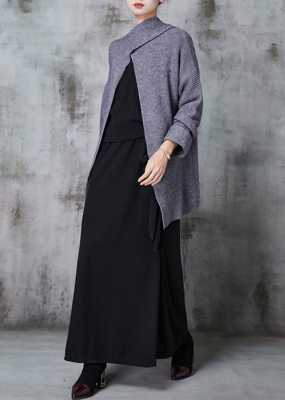 Fitted Grey Asymmetrical Silm Fit Knit Cardigan and Dress Two Pieces Set Spring