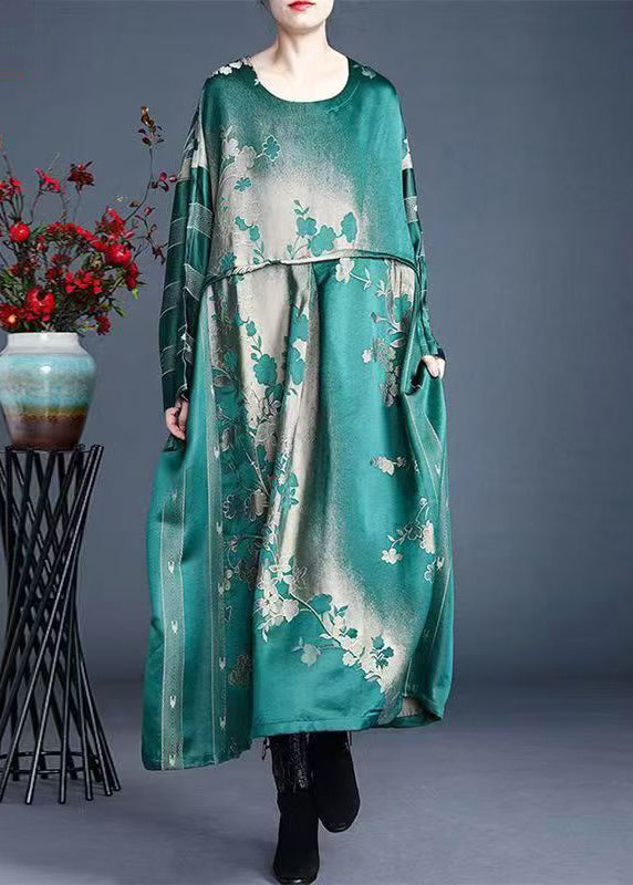 Jacquard Red O-neck Pockets Print Silk Maxi Dress Spring