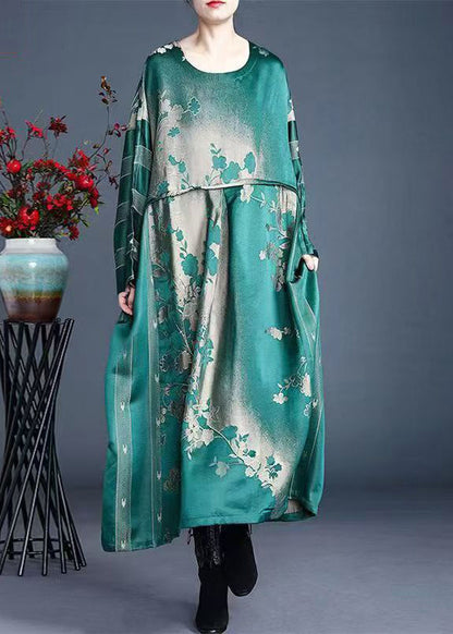 Jacquard Red O-neck Pockets Print Silk Maxi Dress Spring
