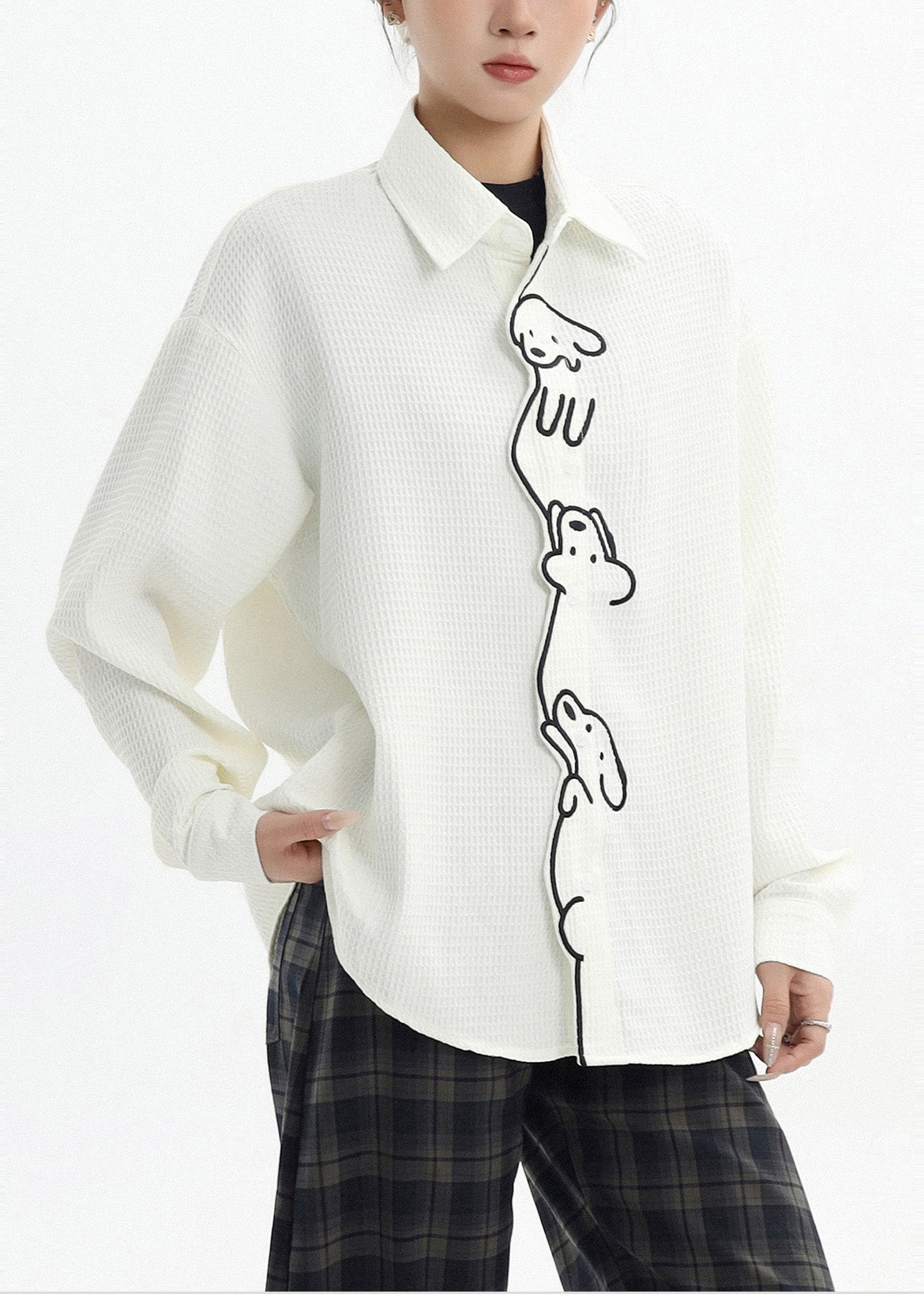 White Little Dog Embroidered Cotton Shirt Spring