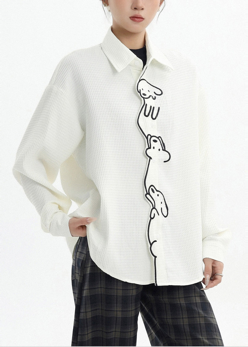 White Little Dog Embroidered Cotton Shirt Spring
