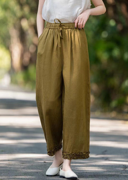 Khaki Lace Up Linen Pants Ruffled Summer
