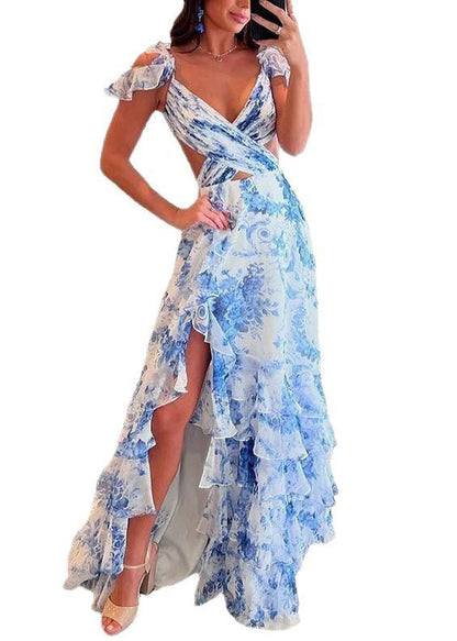 Blue Print Side Open Chiffon Maxi Dresses Sleeveless