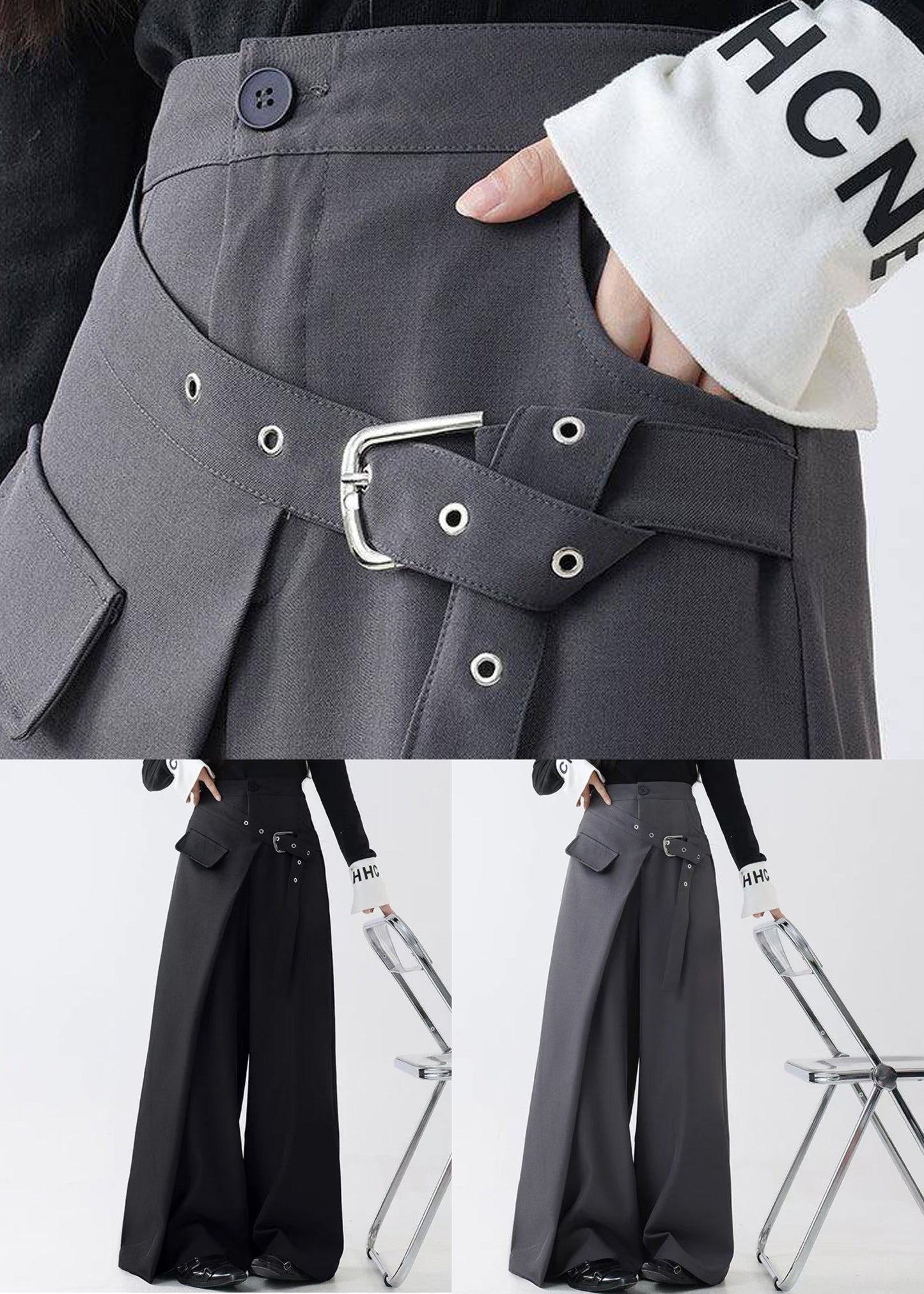 Grey False Two Pieces Spandex Fall Wide Leg Pants Pockets