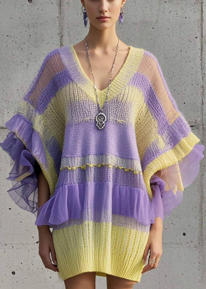 Gradient Color Oversized Patchwork Tulle Sweater Dress Fall