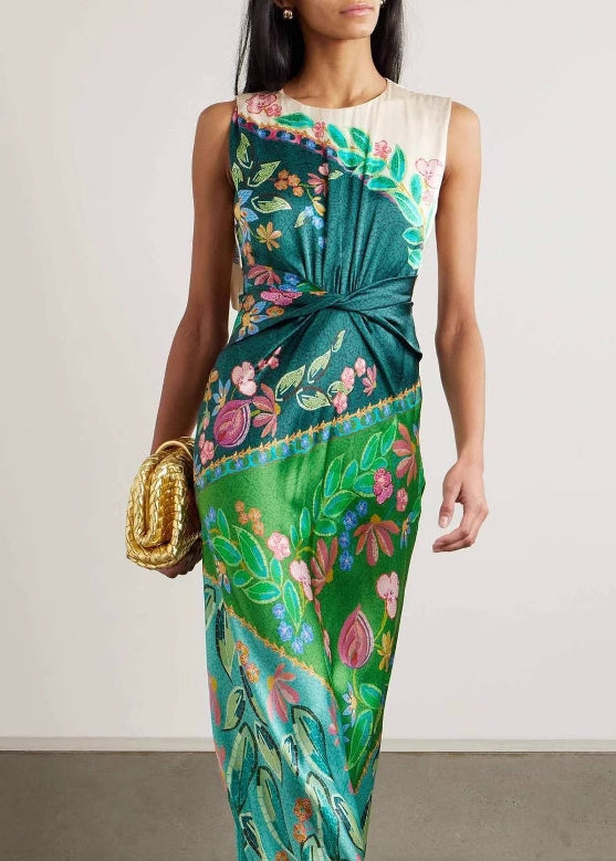 Italian Green O Neck Print Silk Long Dress Sleeveless