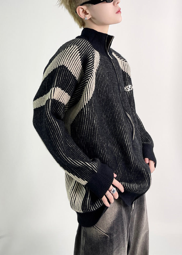 Black Zip Up Knit Fall Coat Stand Collar
