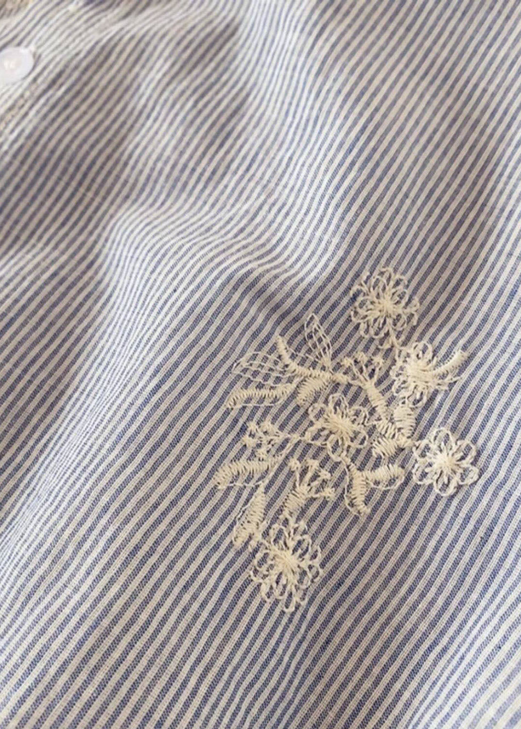 Blue Embroidered Striped Cotton Top Half Sleeve