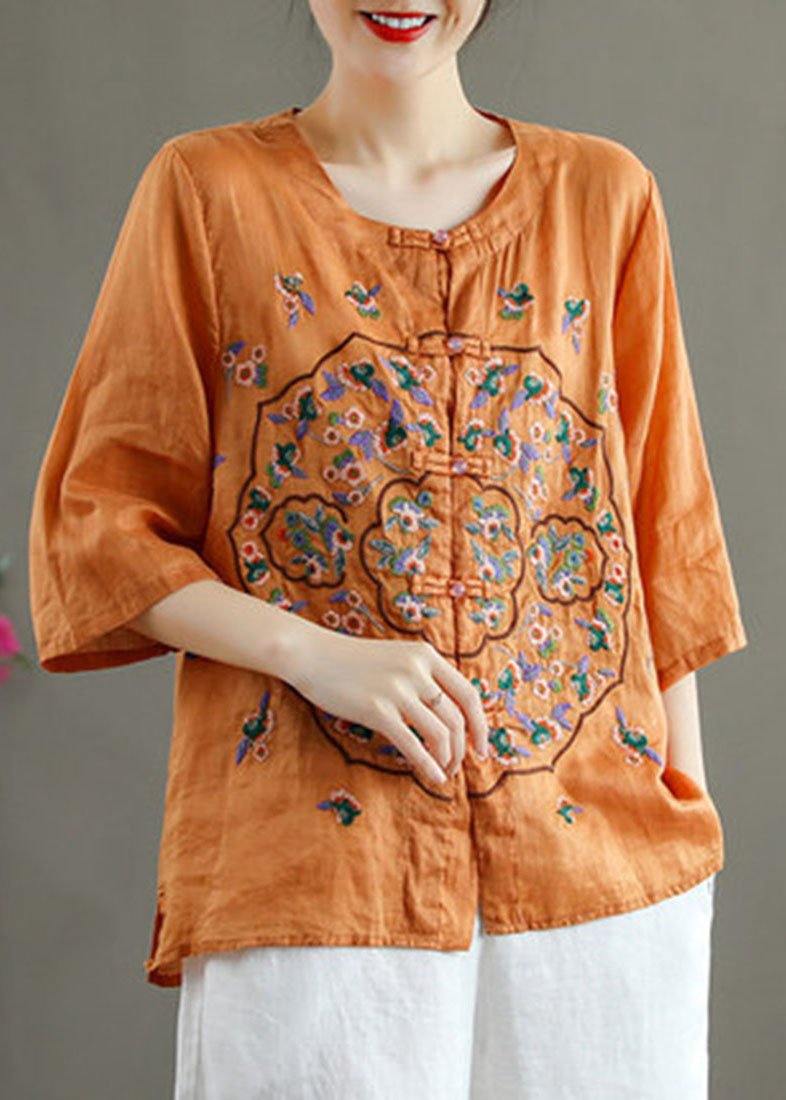 Orange Embroidered Oriental Ramie Top Summer