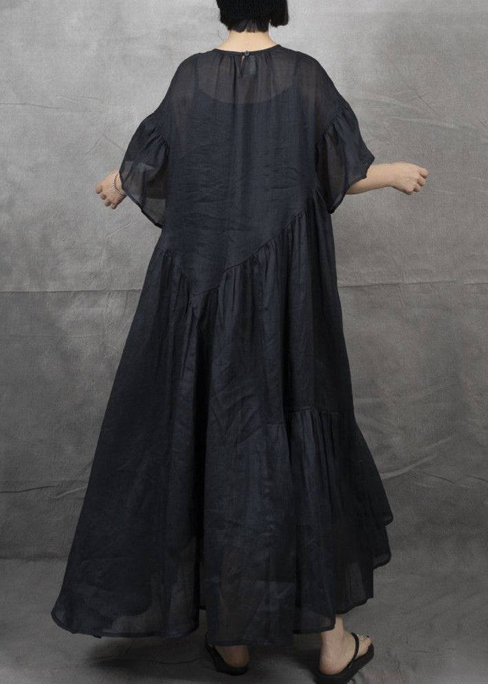 Black Wrinkled Patchwork Maxi Dress Short Sleeve