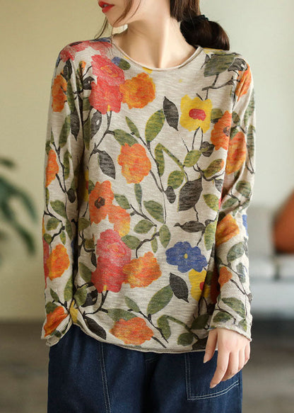 Beige O-neck Print Cotton Knitted Top Long Sleeve