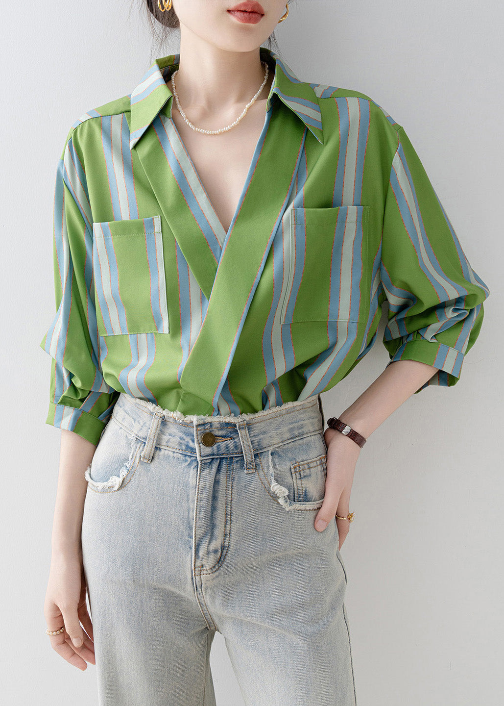 Green Peter Pan Collar Striped Cotton Shirt Top Half Sleeve