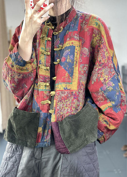 Red Pockets Button Print Fall Long Sleeve Coat