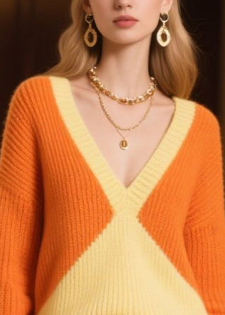 Italian Colorblock V Neck Patchwork Faux Fur Knit Pullover Winter