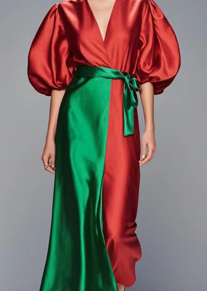 Red Puff Sleeve Patchwork Silk Robe Dresses