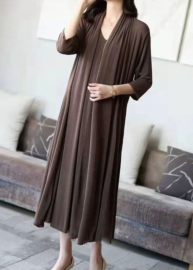 Coffee V Neck Patchwork False Two Pieces Silk Long Dress Spring
