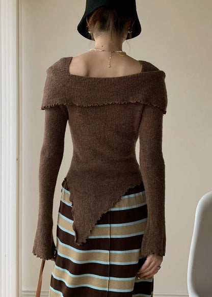 Coffee Knitting Cotton Sweater Square Collar Flare Sleeve