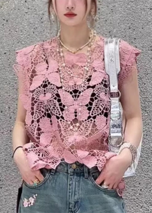 Rose Butterfly Hollow Out Lace Tops Sleeveless