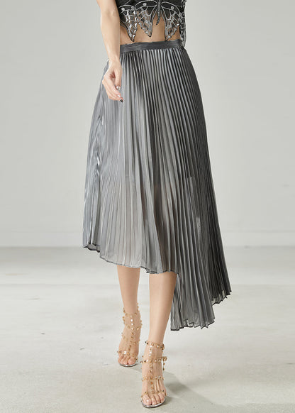 Grey Asymmetrical Design Chiffon Pleated Skirt Summer