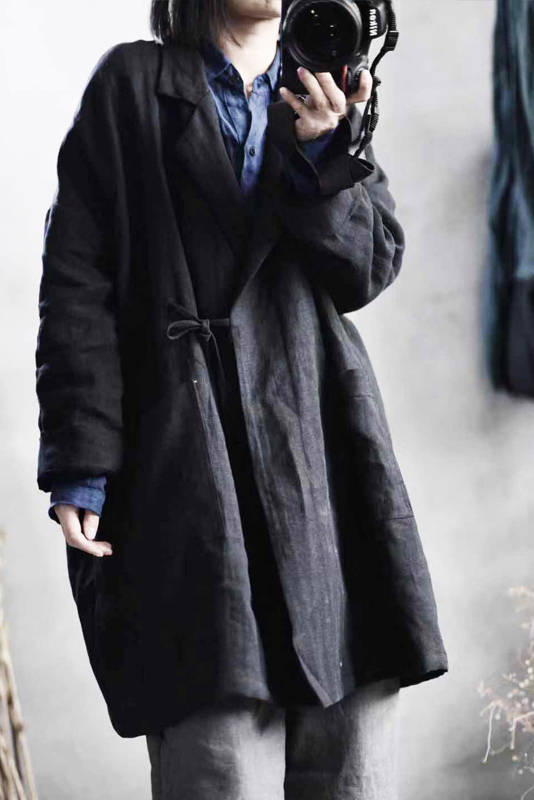 Fall Black Simple Retro Linen Coat
