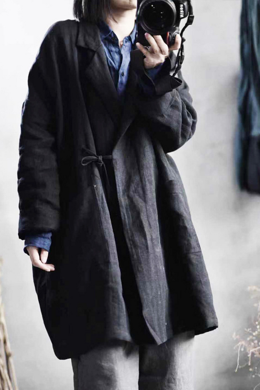 Fall Black Simple Retro Linen Coat