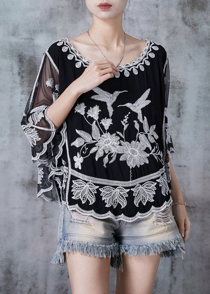 Art Black Embroidered Patchwork Cotton Shirts Batwing Sleeve