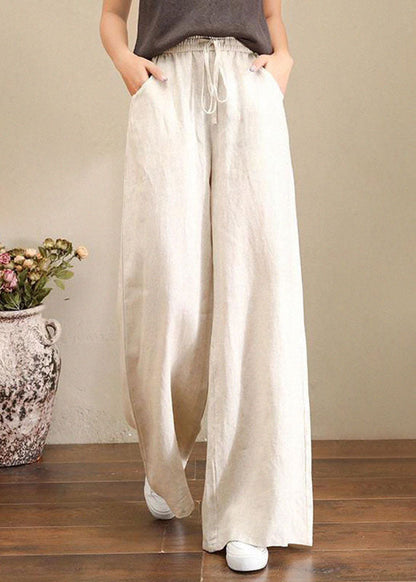 French Orange Flower Elastic Waist Pockets Linen Wide Leg Pants Summer