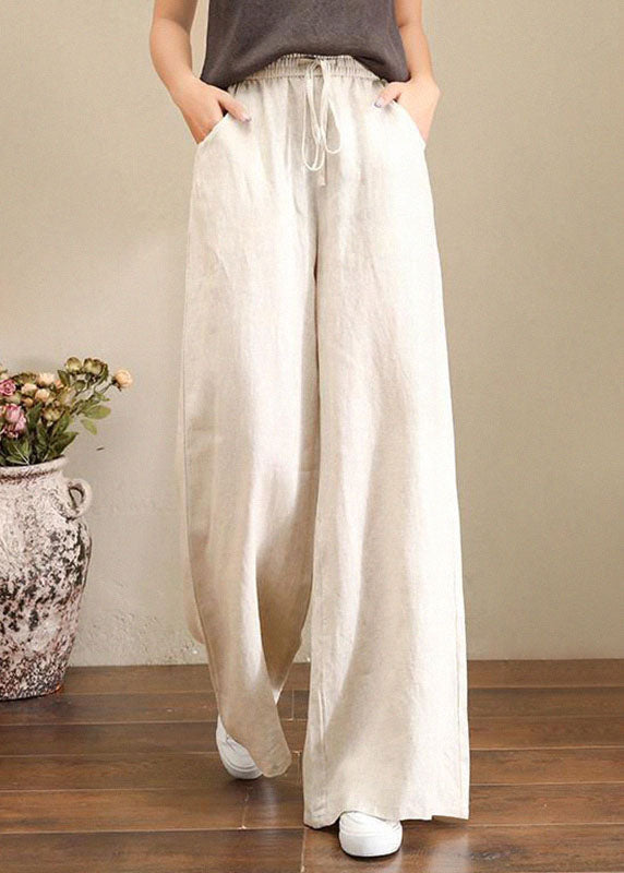 French Orange Flower Elastic Waist Pockets Linen Wide Leg Pants Summer