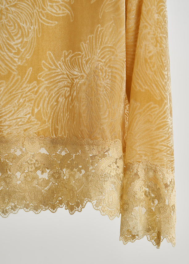 Yellow Oversized Lace Patchwork Silk Velour Shirt Tops Fall