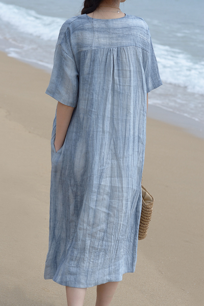 Summer Color Dress Cotton Linen Half Sleeve Long Dress