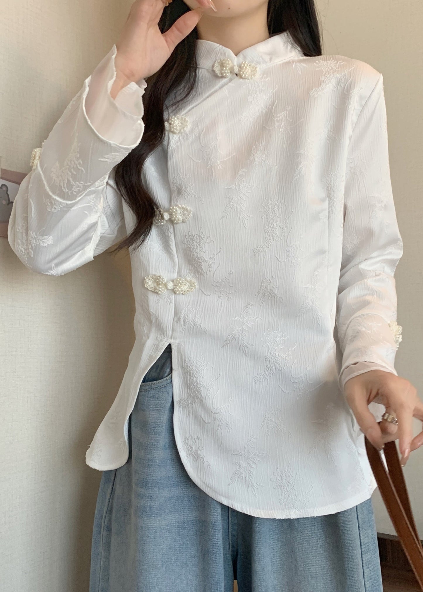 Apricot Stand Collar Jacquard Oriental Button Cotton Top Fall