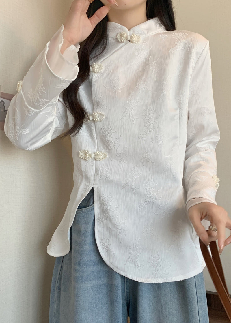 Apricot Stand Collar Jacquard Oriental Button Cotton Top Fall