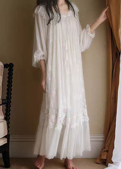 Novelty White Ruffled Lace Tulle Pajamas Long Dress Spring