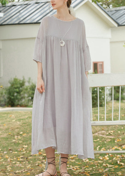 Grey O Neck Wrinkled Linen Long Dresses Summer