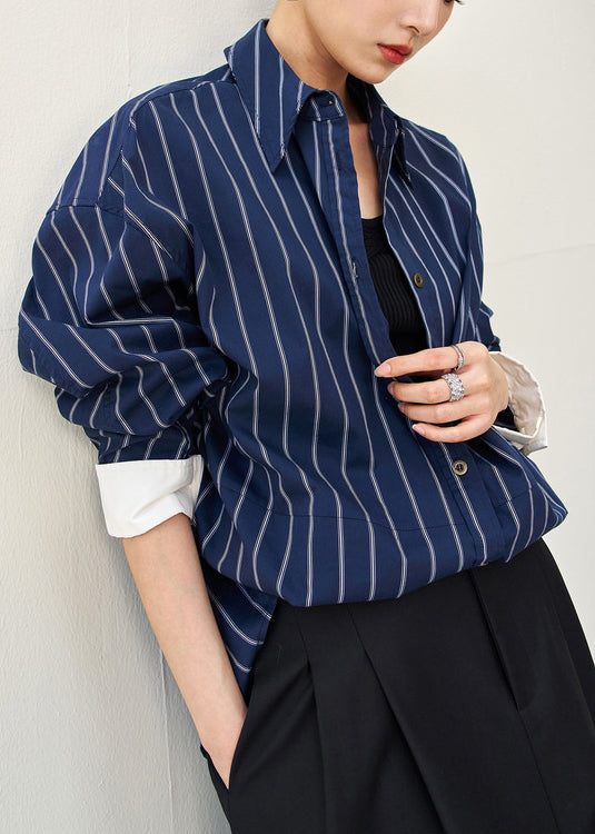 Navy Striped Button Cotton Shirt Fall