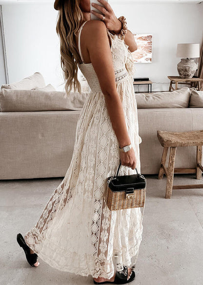 White V Neck Lace Spaghetti Strap Dress Summer