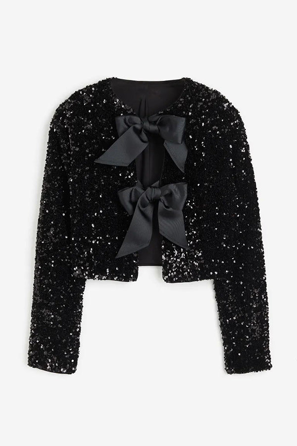 Two Ways to Celebrate Tie-front Bow Sequined Jacket