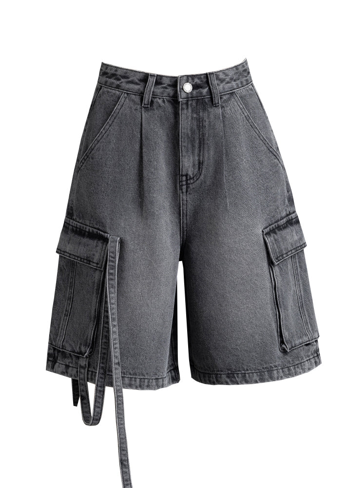 Grey Oversized Pockets Denim Crop Pants Summer