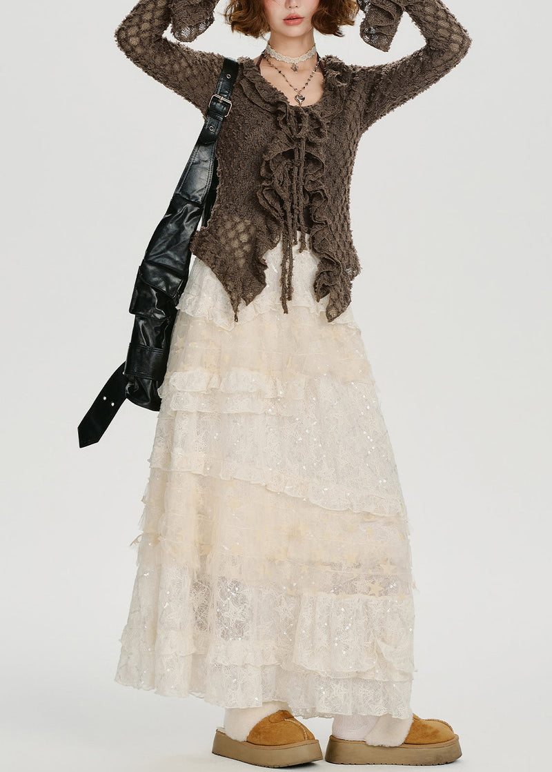 Coffee Ruffled Hollow Out Knit Shirts Flare Sleeve