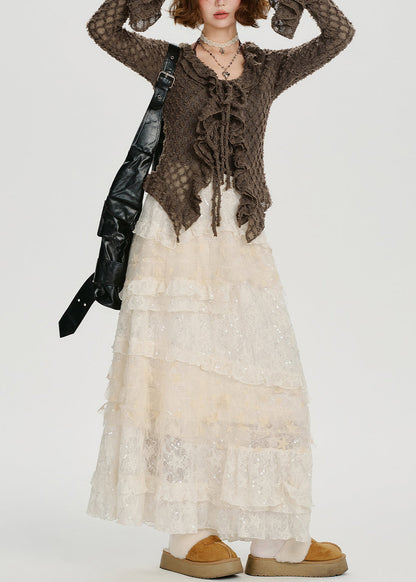 Coffee Ruffled Hollow Out Knit Shirts Flare Sleeve
