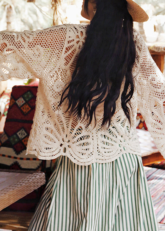 Beige V Neck Tie Lace Holiday Tops Batwing Sleeve