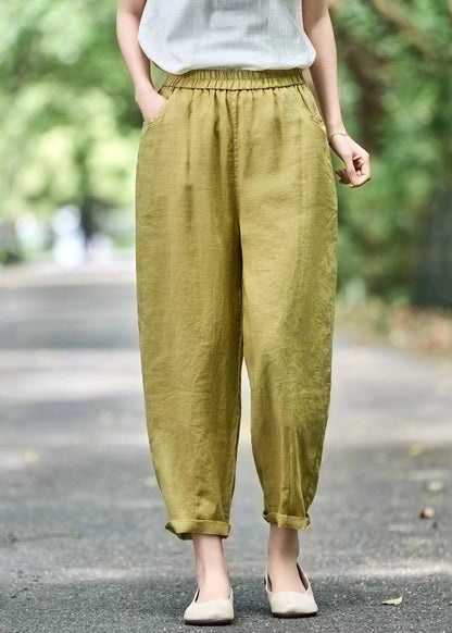 Modern Grass Green Elastic Waist Oversized Linen Harem Pants Summer