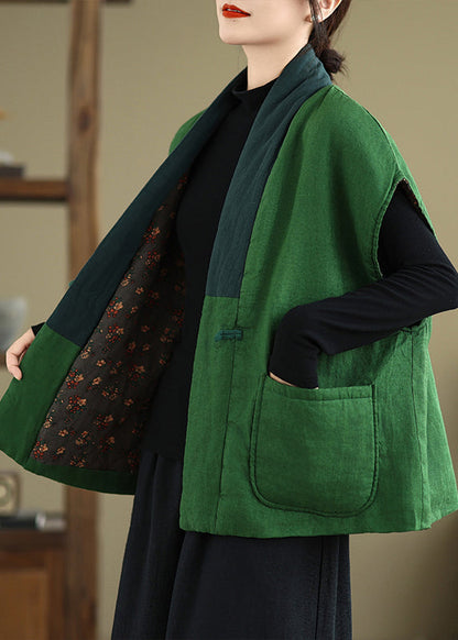 Green V Neck Pockets Patchwork Fine Cotton Filled Vest Winter