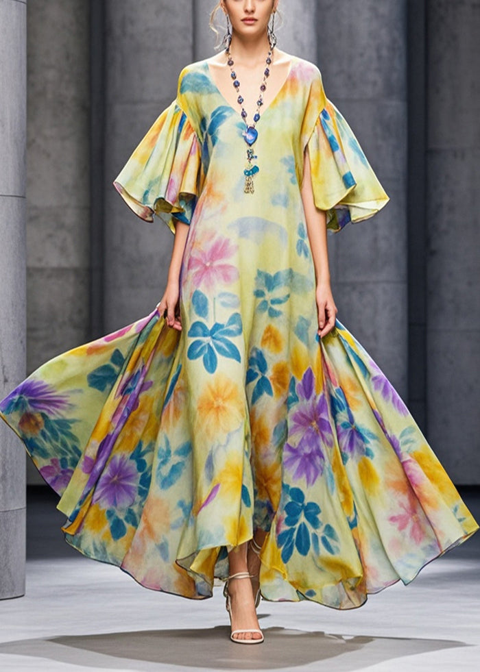 Yellow Flower Print Chiffon Long Dresses Flare Sleeve