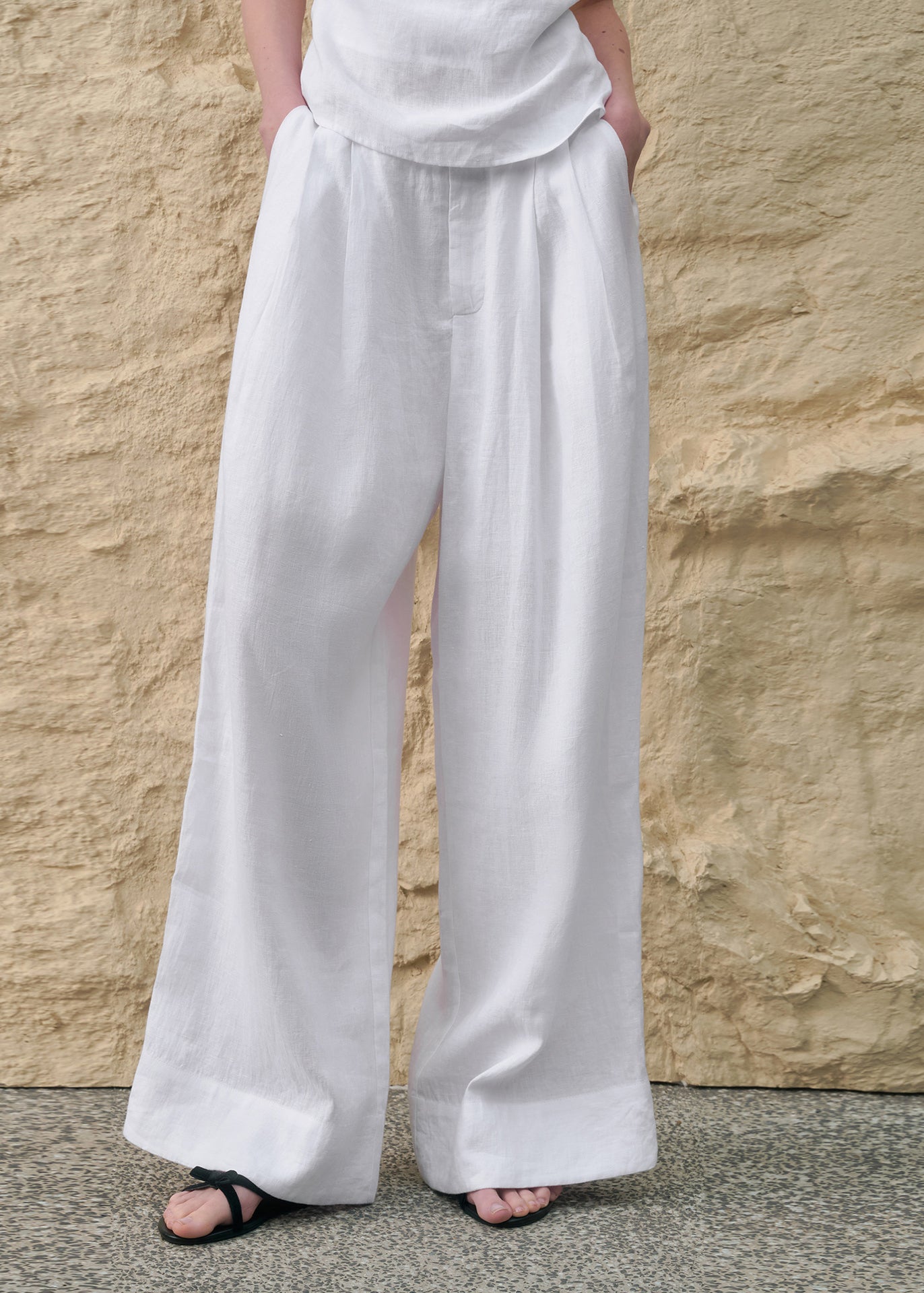 Simple Style White Pockets Linen Straight Pants Summer