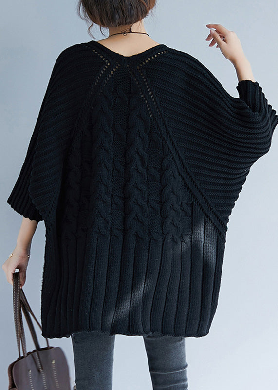 Loose Black O-neck Low High Design Cozy Cotton Knit Sweater Tops Batwing Sleeve