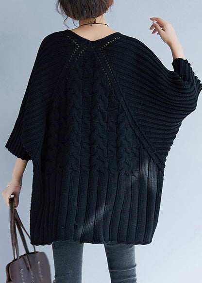 Loose Black O-neck Low High Design Cozy Cotton Knit Sweater Tops Batwing Sleeve
