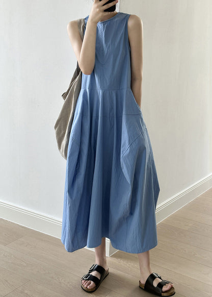 New Blue O-neck Pockets Cotton Long Dresses Sleeveless